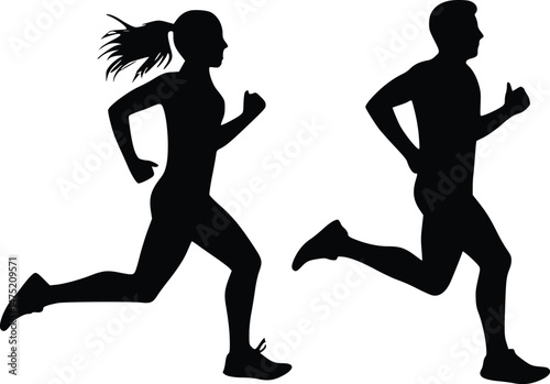 Running Couple Silhouettes: A Male and Female Figure Jogging Together, Symbolizing Fitness and Partnership