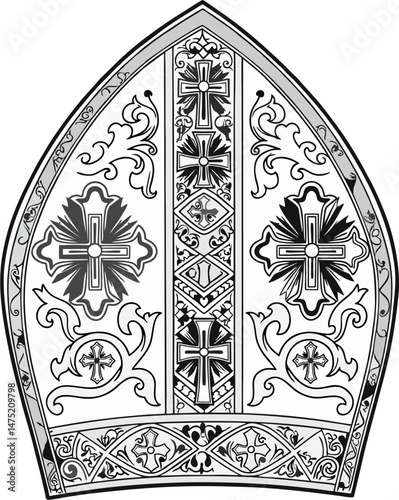 Highly Detailed Black and White Vector of Papal Mitre with Cross Symbols and Ornamental Christian Motifs – Religious Bishop Hat Illustration