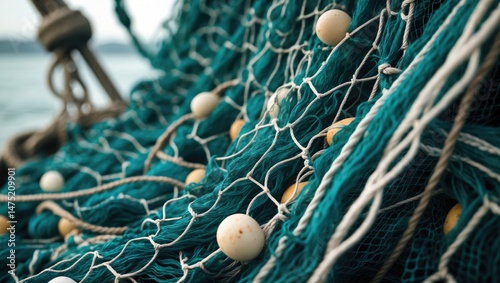 Weathered fishing net featuring buoys and rope