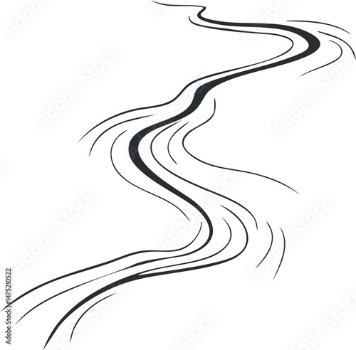 Abstract black and white illustration of a flowing river or stream with wavy curved lines