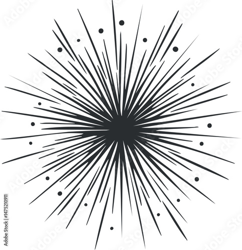 Black and white starburst burst vector illustration with sharp pointed rays radiating from center