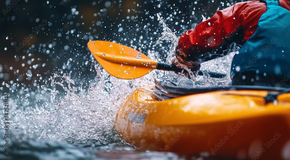 Fototapeta premium Close-up of kayaking adventure with water splashes and dynamic action 