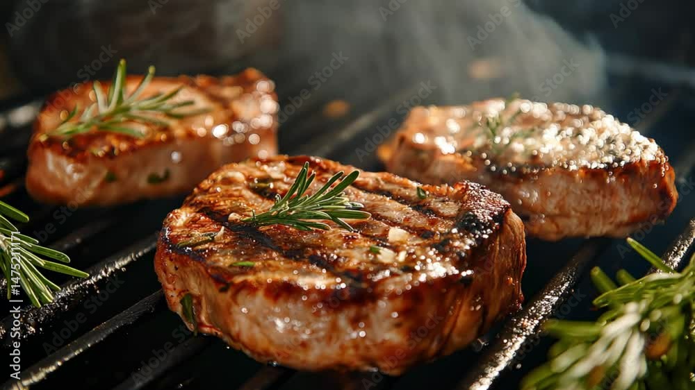 Juicy pork chops with grill marks and fresh rosemary sprigs cooking over open flames on a barbecue grill.