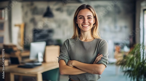 A portrait of a young woman, smiling with confidence, standing in a creative office space. Her crossed arms express both strength and achievement. Free Download A portrait of a young woman, smiling with confidence, standing in a creative office space. Her crossed arms express both strength and achievement. - GFXLoad