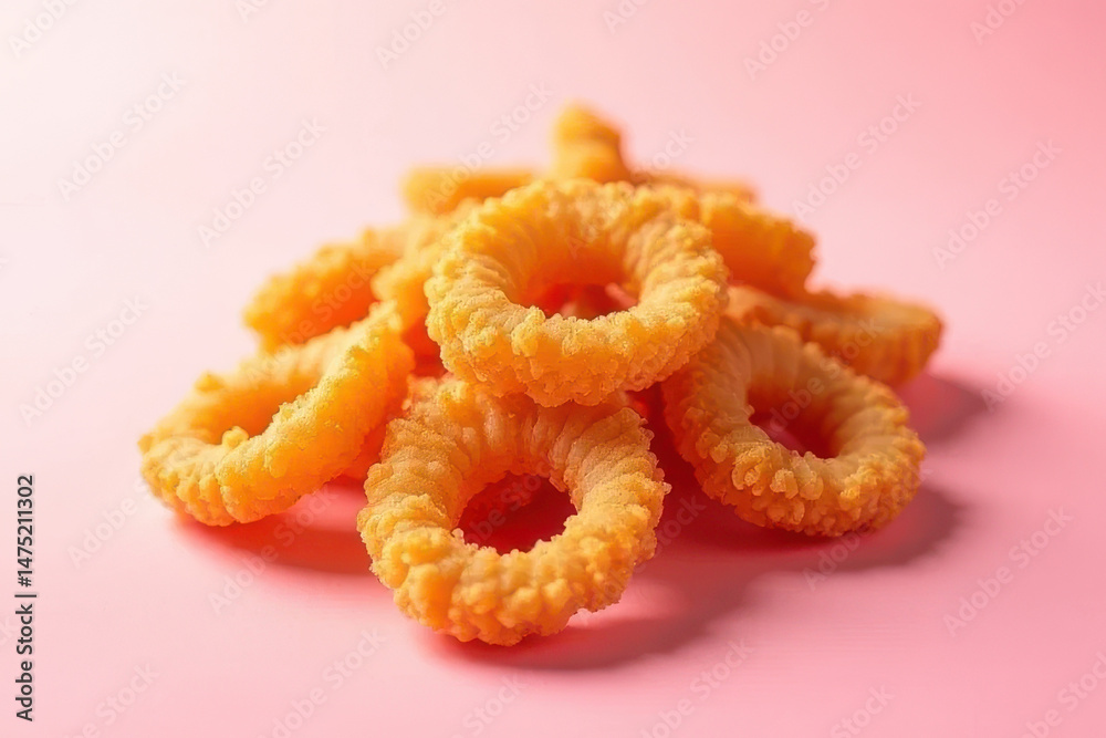 Delicious Fried Calamari on Soft Pink Background - Clean Food Photography Style Delicious Fried Calamari on Soft Pink Background - Clean Food Photography Style