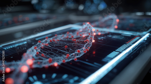 DNA strand with red molecular nodes on digital screen, futuristic technology concept with glowing blue interface and scientific data visualization in laboratory environment