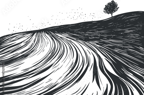 Black and white illustration of a rural landscape with a single tree on a hill and textured plowed field