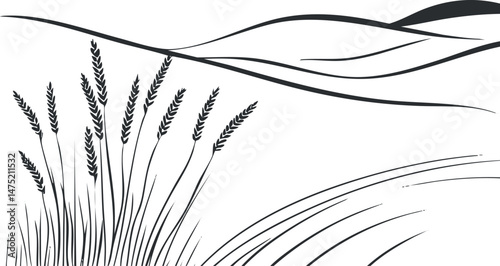 Black and white illustration of wheat stalks in a field with rolling hills in the background, symbolizing agriculture and rural landscape.