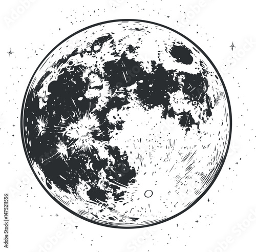 Detailed black and white illustration of the moon showing craters and lunar surface features in space