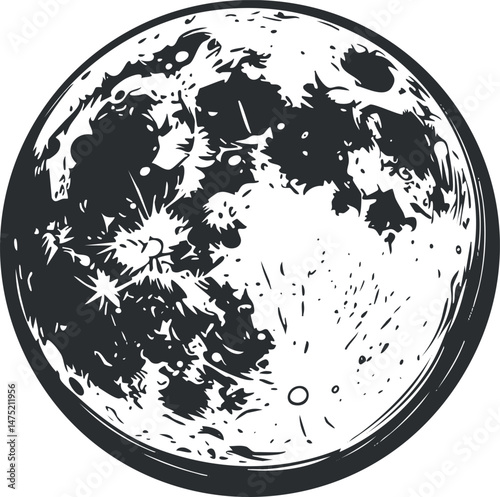 Black and white detailed illustration of the full moon showing craters and lunar surface texture in a circular shape