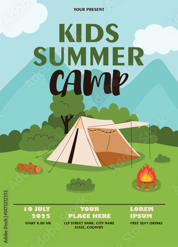 Invitation banner for camping, hiking, summer camp. Outdoor recreation. Flat vector illustration.