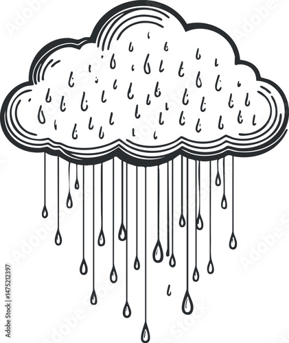 Black and white hand drawn illustration of a rain cloud with falling raindrops in a simple line art style