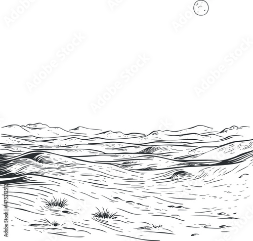 Black and white line drawing of a vast desert landscape with sand dunes and sparse vegetation under a sun.