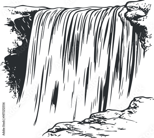 Black and white illustration of a waterfall flowing over a cliff surrounded by rocks and natural landscape.