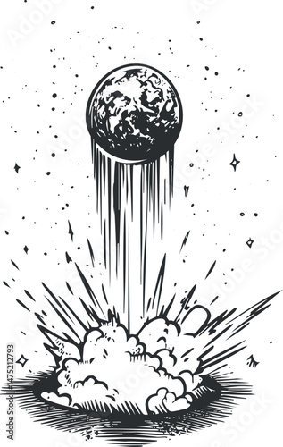 Black and white illustration of a planet impacting a surface causing a massive explosion and crater with cosmic debris