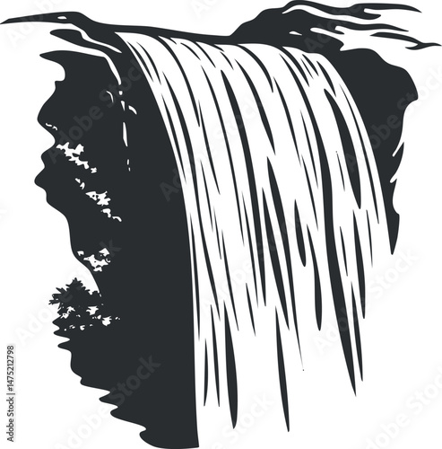Black and white stylized illustration of a waterfall flowing over a cliff in nature