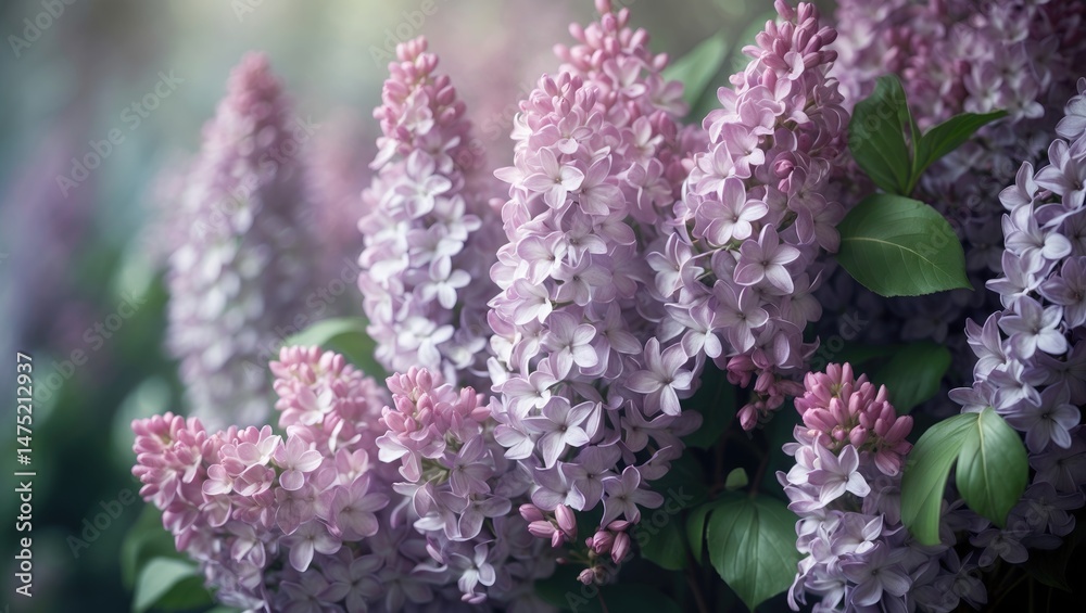 Fototapeta premium Delicate light pink lilacs with blooming pastel petals, ideal for summer floral arrangements and capturing the romantic essence of garden blooms.