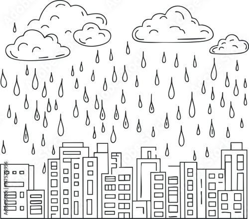 Black and white line drawing of city skyline with rain falling from clouds above