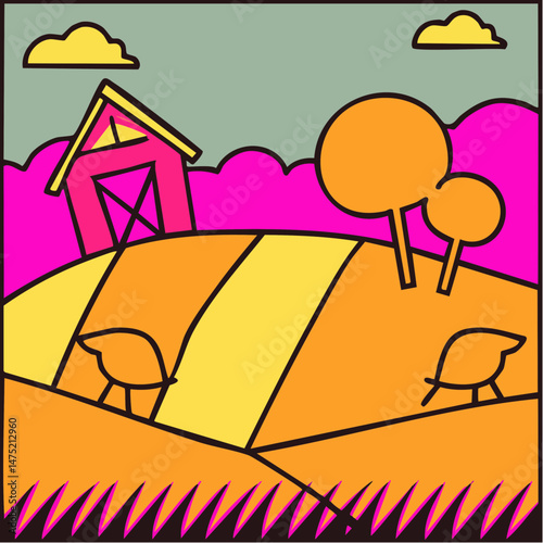 farmhouse in the sun, bright coloured vector