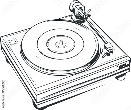 Black and white illustration of a vintage turntable record player with tonearm and stylus for playing vinyl records.