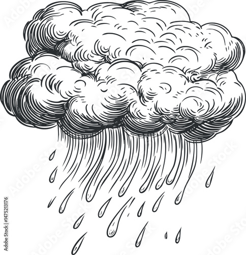 Black and white line art illustration of a rain cloud with falling raindrops in a stormy weather scene