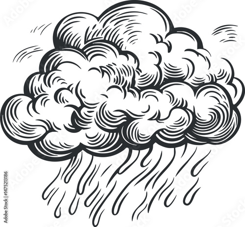 Hand-drawn black and white sketch of a rain cloud with heavy rainfall and stormy weather