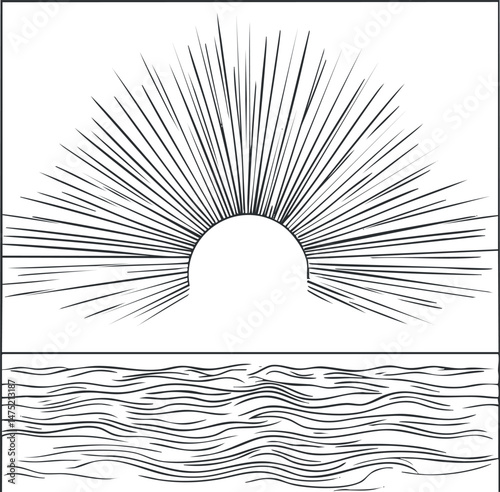 Black and white line art illustration of a sun with rays above ocean waves on the horizon