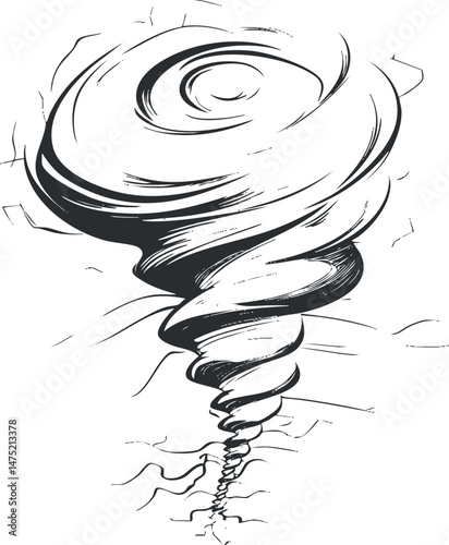 Black and white line art illustration of a tornado swirling in a spiral shape, representing a powerful natural storm