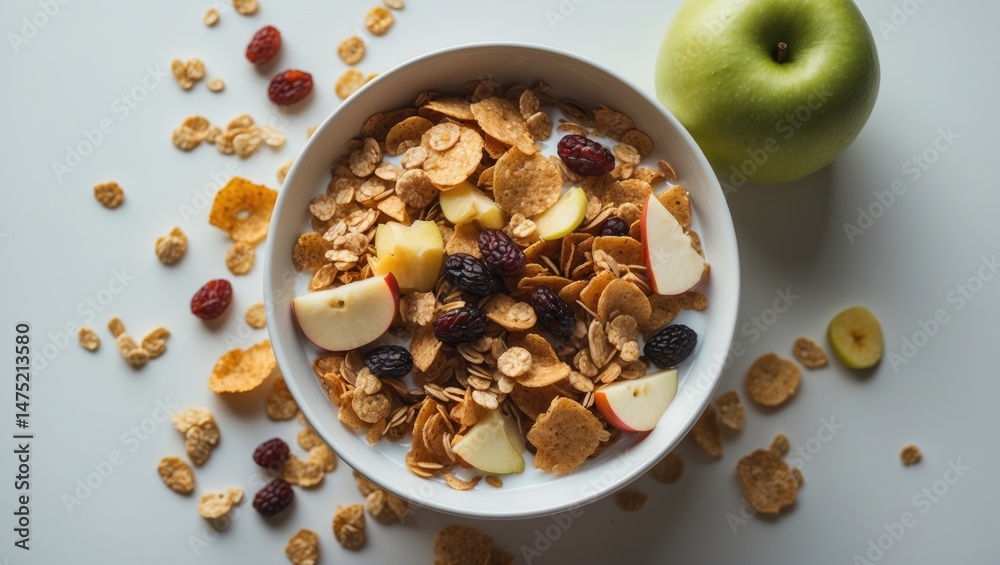 Fototapeta premium Yummy and healthy granola or muesli combined with fresh apple, filled with dried fruits, nuts, and grains