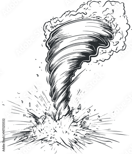 Black and white sketch illustration of a powerful tornado or twister causing destruction and debris explosion.