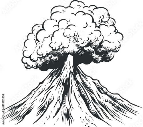 Black and white illustration of a volcano erupting with thick smoke and ash cloud rising above the mountain peak