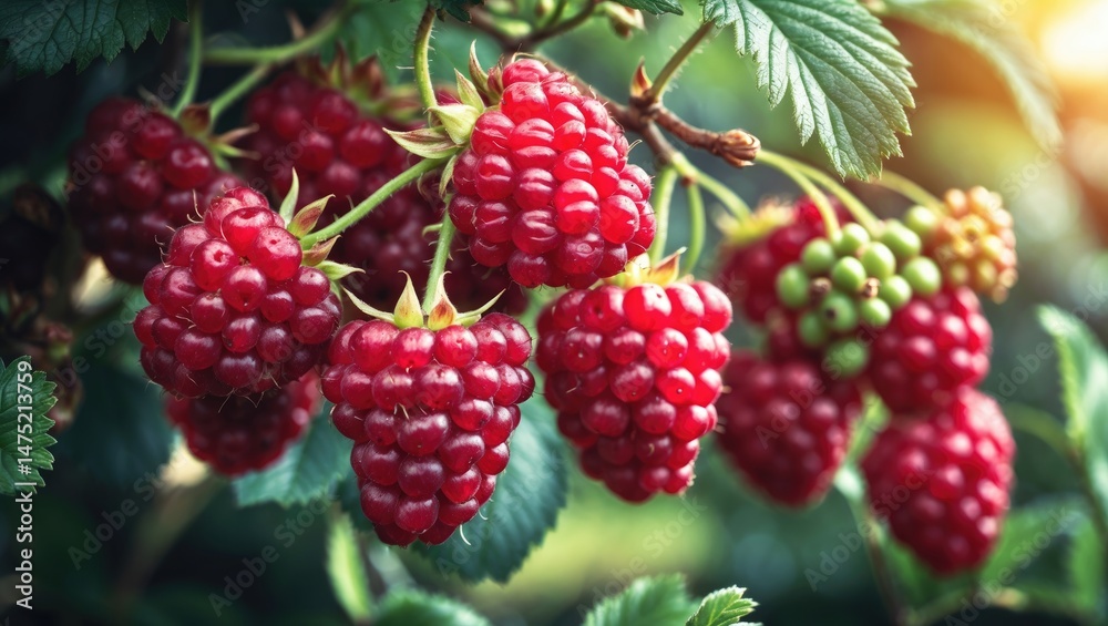 Vibrant organic raspberry fruits ready for harvest in the natural plantation Vibrant organic raspberry fruits ready for harvest in the natural plantation