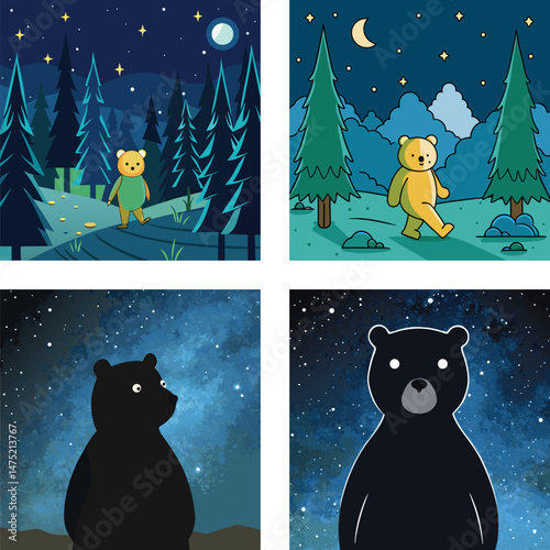 Cartoon Bear Adventures In Forest Under Night Sky Vector Illustration