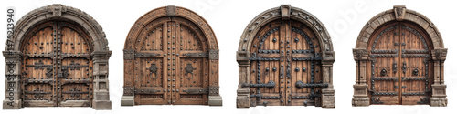 Castle Gate, Large double wooden doors with iron studs and arch frame, Fortress Entrance, isolated on white background or transparent PNG