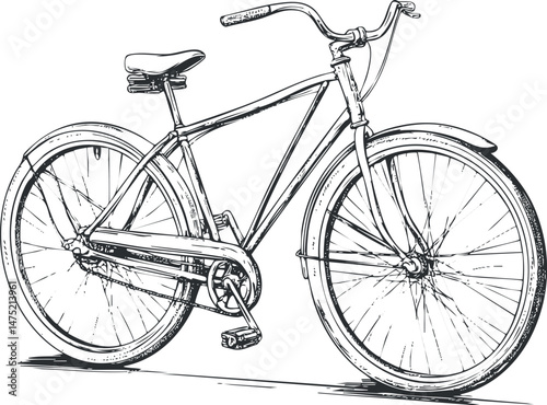 Black and white line drawing of a vintage cruiser bicycle with fenders and chain guard
