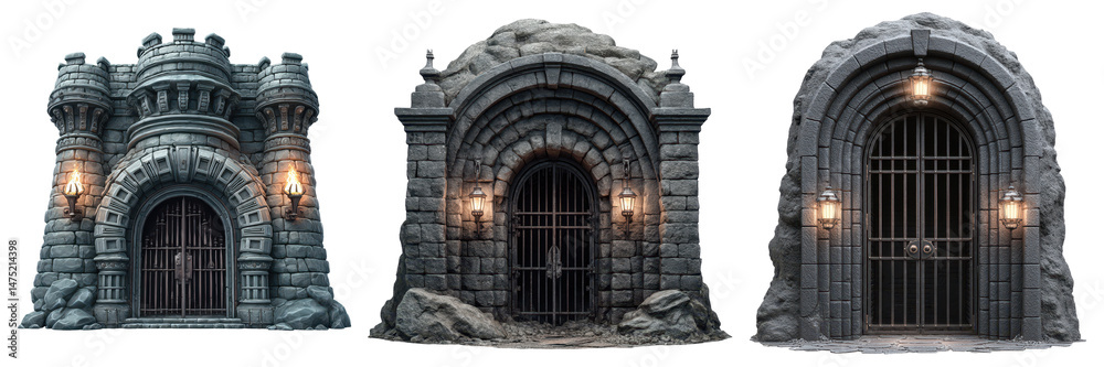 Fototapeta premium Dungeon Entrance, Dark stone doorway with iron gate and torches, Underground Access, isolated on white background or transparent PNG