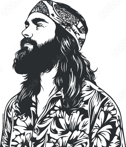 Black and white illustration of a bearded man with long hair wearing a patterned bandana and shirt in profile view