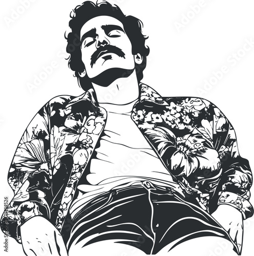 Black and white illustration of a young man with mustache wearing a floral shirt and relaxed casual pose