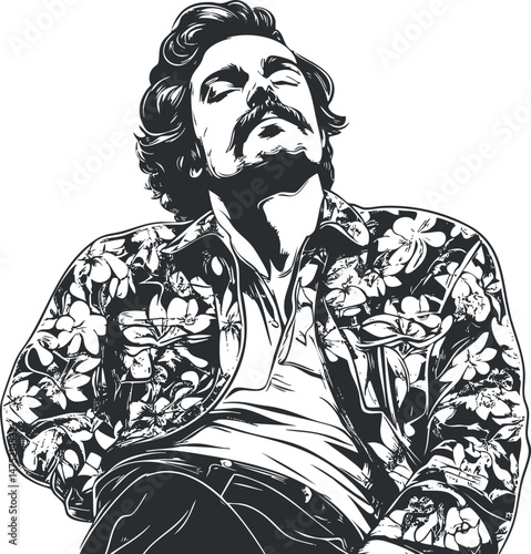Black and white illustration of a relaxed man with a mustache wearing a floral jacket and casual clothes