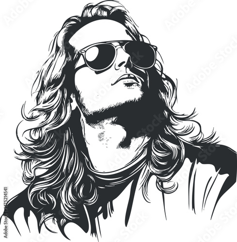 Black and white vector illustration of a confident young man with long hair wearing sunglasses