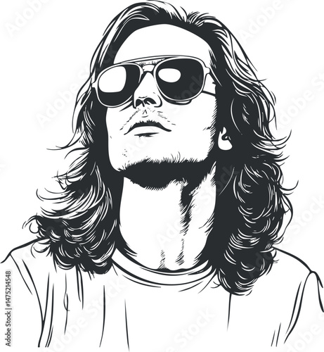 Black and white stylized illustration of a confident young man with long hair and sunglasses looking upward