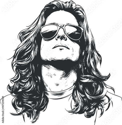 Black and white illustration of a confident man with long hair wearing sunglasses and a casual shirt