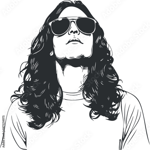 Black and white graphic illustration of a confident young man with long hair wearing sunglasses