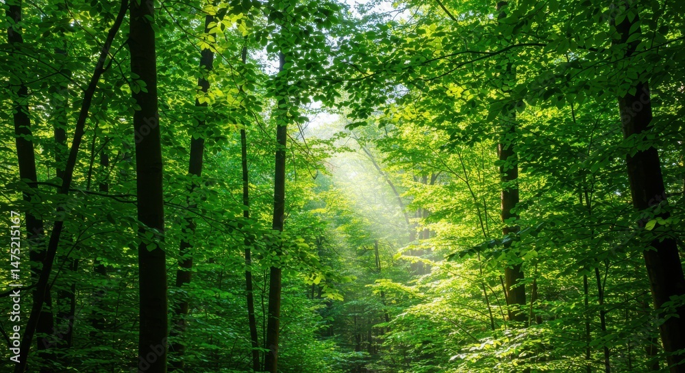 Obraz premium Lush green forest with sun rays shining through trees for backgrounds, nature photography, and environmental projects.