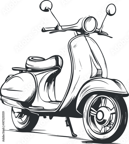 Black and white illustration of a vintage scooter with detailed wheels and handlebars for urban transport