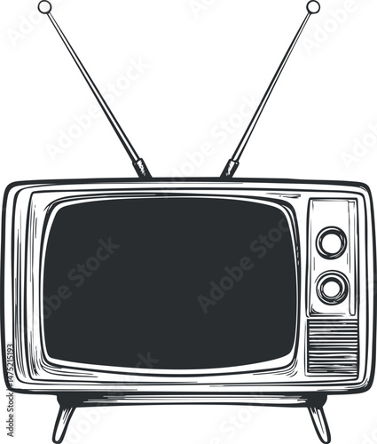 Black and white illustration of a vintage retro television with antenna and knobs on screen