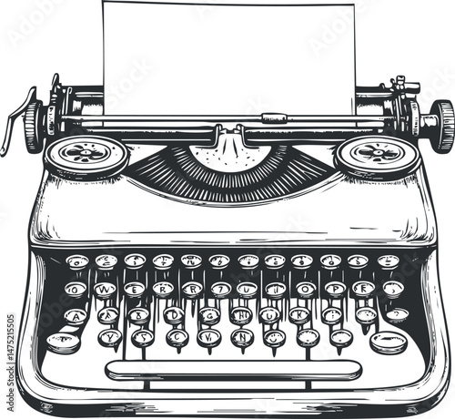 Black and white vintage typewriter with a blank sheet of paper ready for typing