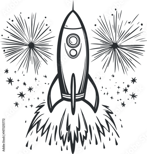 Black and white illustration of a rocket launching into space with fireworks and stars around