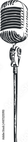 Vintage retro microphone on a stand black and white illustration for music and broadcasting