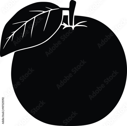 Fresh orange Fruit Silhouette A Simple Black Outline of a Orange Fruit with an Attached Leaf and Stem